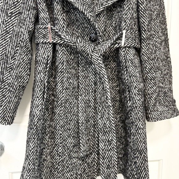 Calvin Klein Belted Trench Coat Chevron Herringbone Wool Blend Black/White Sz L - Picture 4 of 16
